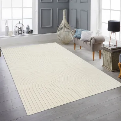 Produktbild von Wohnzimmerteppich mit niedrigem Flor und halbrundes Linienmuster in Creme Größe - 240 x 340 cm