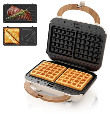 Produktbild von Arendo - Waffeleisen Belgische Waffel doppelt - 3in1 Sandwichmaker Kontaktgrill mit abnehmbaren Platten - 2 Zonen - mit Antihaftbeschichtung - BPA frei - Temperaturkontrolle – Sandwichtoaster