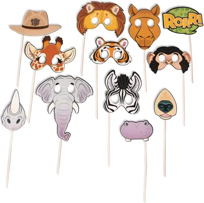Produktbild von Safari-Motto-Party Foto-Requisiten Elefant Tiger und Co. 12 Stück