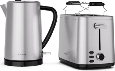 A silver electric kettle and a silver toaster are shown side-by-side against a white background.