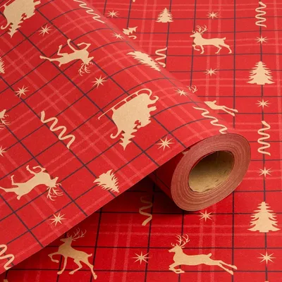 Image de Papier d'emballage de Noël, rouge, en kraft, dimensions 43 cm x 15 m, avec motifs de Noël