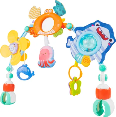 A colorful baby toy designed to hang from a stroller or crib, featuring various sea creatures and interactive elements.