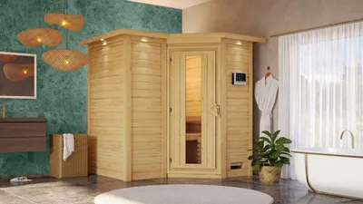 Produktbild von Karibu Sauna Innensauna Sahib 1 Eckeinstieg Ofen 9 kW  externe Strg easy 221x198x214 cm mit Dachkranz  mit Energiespartür