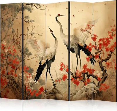 Image de Nouveauté  Paravent décoratif Séparateur de pièce Cloison Photo-paravent Paravent espagnol XXL  225 x 172 cm Oiseaux Fleurs Arbres Grue p-H-10000-z-b