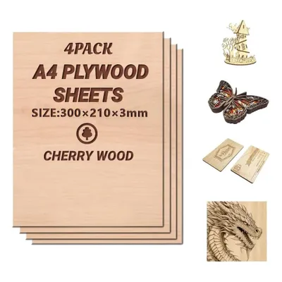 Image de 4 x A4 contreplaqué 3mm | Cerisier - Découpes fines en bois| Feuille parfaite pour la scie à chantourner, la pyrogravure, la découpe laser, le routeur CNC