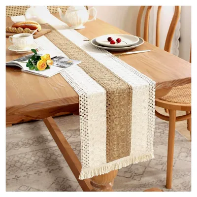 Produktbild von Makramee Tischläufer Beige mit Quasten 30x183 cm, Häkelspitze für Boho-Deko, Hochzeit und Party, abwaschbar