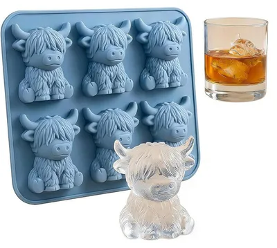 Produktbild von Mini 3D Hochlandrind Eiswürfelform, Lustige Silikonform für Eis, Schokolade, Bonbons & Seife, Wiederverwendbar, Blau