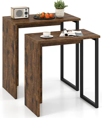 Produktbild von 2er-Set Nistkaffeetisch, industrieller Beistelltisch mit Holztischplatte & robuste Metallrahmen, rechteckiges Sofatisch-Set für Wohnzimmer, Braun
