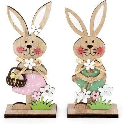 Produktbild von Hölzerner Osterhase, hübsche Holzfiguren zum Aufstellen, Osterdekoration aus Holz, Set aus 2 dekorativen Holzfiguren für Ostern.
