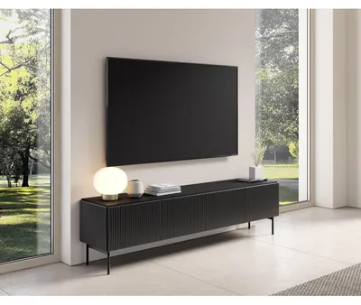 Zdjęcie produktu dla Frezowana szafka rtv 195 cm 4-drzwiowa MUDI Elegancka i nowoczesnaszafka rtv do salonu Stylowa szafka pod telewizor z półkami, Kolor: Czarny