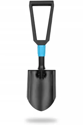 A black folding shovel with a blue grip is shown against a white background.