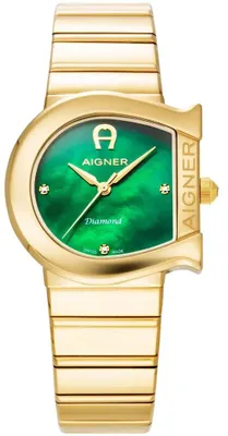Zdjęcie produktu dla Aigner Matera Diamond AGW.232003 – damski zegarek w kolorze zielonym z perłowym wykończeniem i złotymi elementami, ze stali nierdzewnej – NOWY