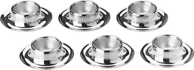 A set of six silver egg cups arranged in two rows on a white background.