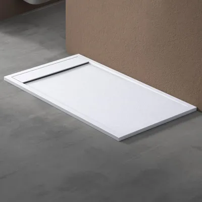 Produktbild von doporro Duschtasse Duschwanne 80x140x3cm aus Mineralguss in Weiß Rechteckig DIN-Anschlüsse für bodenebene Montage geeignet inkl. Ablaufgarnitur AL06 Geoma10