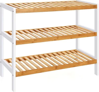 Zdjęcie produktu dla BEGRYF półka na buty 70x26x55 cm miodowa półka bambusowa 3 poziomy półka do przedpokoju półka na buty biała rama