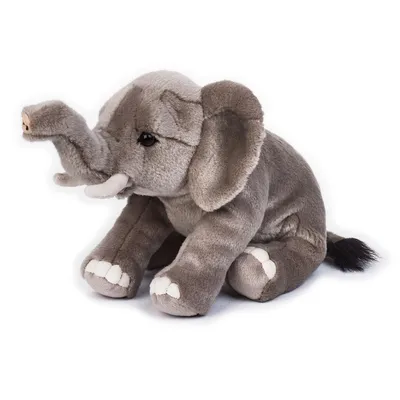 A plush toy elephant sits on a white background.