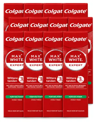 Imagen del producto de 12 unidades de pasta dental Colgate Max White Expert Purifying Power, blanqueadora, de 75 ml. Paquete económico
