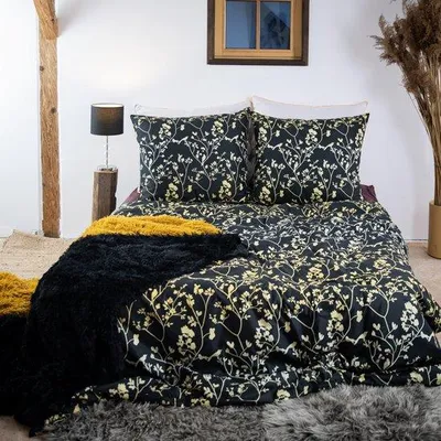 Produktbild von Luxus-Bettwäsche-Set mit Blumenmuster in Schwarz und Gold, 200 x 220 cm