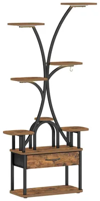 Image de Support pour plantes avec lampe - 9 niveaux - 4 lampes LED à spectre rouge-bleu - Couleur de la lumière et minuterie réglables - Bois - Marron vintage