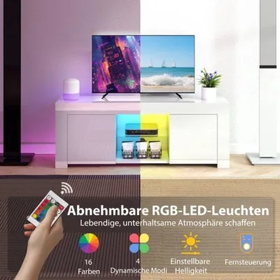 Zdjęcie produktu dla RTV stojak, biały, wysoki połysk - 120x34x45 cm - z oświetleniem LED - komoda pod telewizor
