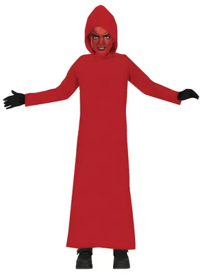 Productafbeelding van Halloween-duivelkostuum voor kinderen. Rode jurk, duivelmasker, zwarte handschoenen. Enge kostuum, griezelig design, geschikt voor feestjes, carnaval en verkleedpartijen. Mantel, maat: 140/146, kleur: rood
