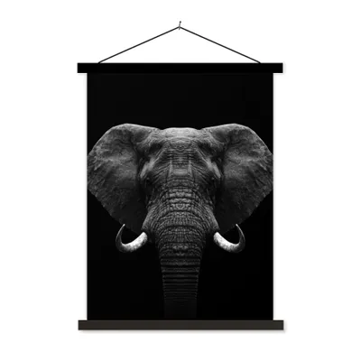 Produktbild von MuchoWow® Textilposter Tiere - Elefant - Porträt - Schwarz - Weiß 90x120 cm mit schwarzem Rahmen - Dekoration