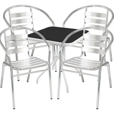 Produktbild von Bistrogarnitur 5-tlg. Metall weiß Glasplatte schwarz + 4 Bistrostühle