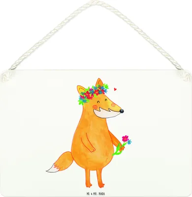 Produktbild von Mr. & Mrs. Panda Schild Fuchs Blumen DIN A4 - Weiß - Geschenk, Holzschild, Boho, wandtafel, kleine aufmerksamkeit, Ich, Türschild, holzbild, Blumenliebe, Blume