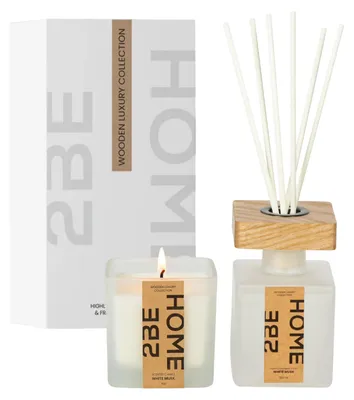 Productafbeelding van 2BEHOME White Musk Geurset - Geurkaars 90 g + Geurstokjes 100 ml
