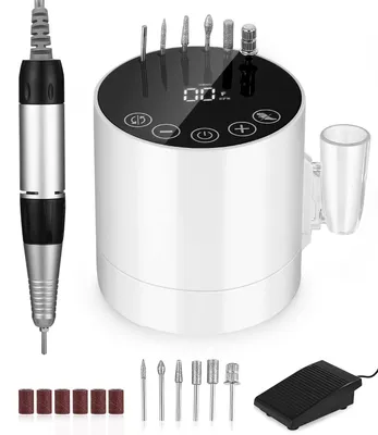 Produktbild von AKKEE Elektrische Nagelfeile Set 35000 U/min, 50W, für Maniküre Pediküre, LCD-Display, Touchscreen, Fußpedal, F/R Drehrichtung, geringe Hitze, leise, vibrationsarm, für Naturnägel, Acryl-, Gel- & Dipping-Nägel, Nagelhaut- & Hornhautentfernung, Haustier-Nagelpflege, für Zuhause & Salon, Weiß, 9 x 9,5 cm
