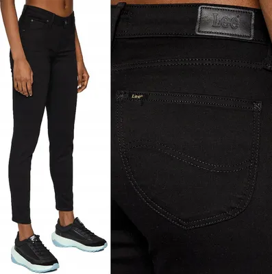 A collage showing a woman wearing black skinny jeans and sneakers, with a close-up of the back pocket of the jeans.