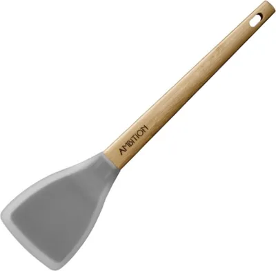 A single kitchen spatula with a gray silicone head and a wooden handle, isolated on a white background.