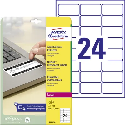 Produktbild von Avery Zweckform L6146-20 Abziehsichere Etiketten, 63,5 x 33,9 mm, 20 Bogen/480 Etiketten, weiß