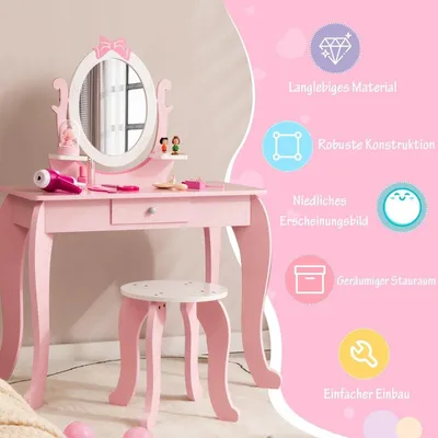 Zdjęcie produktu dla Drewniana toaletka dla dzieci 2 w 1 ze stołkiem dla dzieci w wieku 3-7 lat, różowa + biała