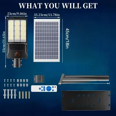 Zdjęcie produktu dla Lampa solarna uliczna - reflektor zewnętrzny LED - 1 panel solarny - 50000 lm - czujnik ruchu - czujnik zmierzchu - IP65 - aluminium