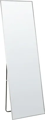 A full-length mirror with a silver aluminum frame and a stand, shown against a white background.