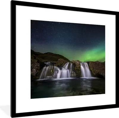 Produktbild von MuchoWow® Gerahmtes Poster Nordlicht - Wasserfall - Island - Natur 40x40 cm - Poster mit Schwarzem Bilderrahmen Wandposter Rahmen Foto Bilder - Poster - Plakat im Rahmen