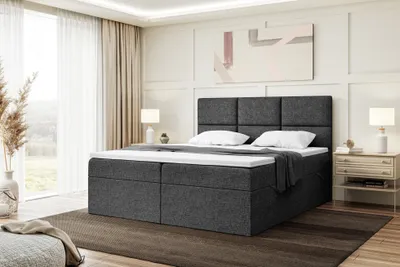 Produktbild von MEBLINI Boxspringbett mit Bettkasten - Gepolstert Doppelbett mit Matratze und Topper - Polsterbett mit Stauraum - Bett mit Kopfteil - Stauraumbett - KYLIAN - 180x200 - H4/Dunkelgrau Webstoff