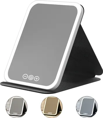 A foldable makeup mirror with LED lights, shown in black with three smaller circular images below showing it in gray and gold.
