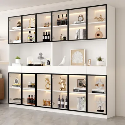 Obrázek produktu pro MODFU Skříň s vitrínou, 240 × 30 × 200 cm, skleněná vitrína s LED osvětlením, skleněné dveře a zásuvky, vysoká skříň, skleněná skříň do obývacího pokoje a jídelny, bílá