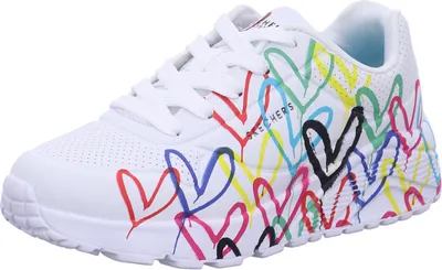 A white sneaker with colorful heart designs.
