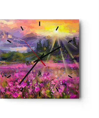 Produktbild von Wanduhr - Quadrat - Glasuhr - Berge Blumen Blumen - 30x30cm - Schleichendes Uhrwerk - Lautlos - zum Aufhängen bereit - Dekoration Modern - Wanddekoration aus Glas - C3AC30x30-4029