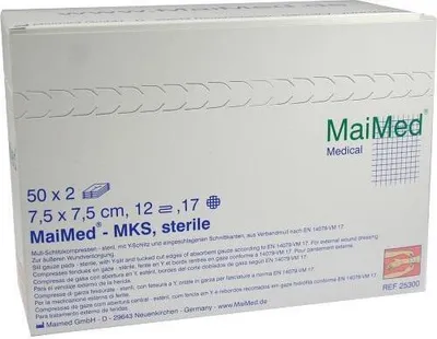 Obrázek produktu pro MaiMed-MKS-sterilní 12násobné gázové štěrbinové kompresy 7,5x7,5 50x2 ks/krabice | krabice (100 ks)