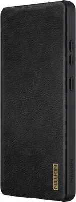 A black phone case with a textured surface and a gold logo.