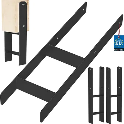 A set of black metal H-shaped post anchors for mounting wooden posts, shown on a white background with a close-up of one anchor attached to a wooden post and a small EU flag tag.