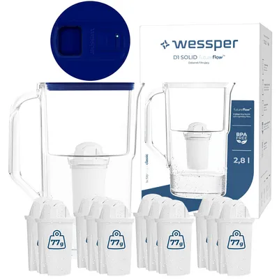 Imagen del producto de Jarra filtrante Wessper D1 SOLID FutureFlow™ de 3,3 litros, color azul, con indicador LED y 12 filtros aquaclassic