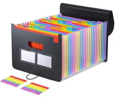Produktbild von Dokumentenmappe im A4-Format mit 25 Fächern, Ringbuch-Organizer, tragbarer, erweiterbarer Akkordeonordner mit Deckel und farbigen Trennblättern.