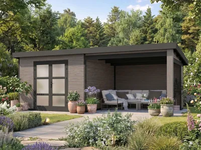 Produktbild von WPC Gartenhaus mit Lounge Modell FineLine 16,90 m² Grau