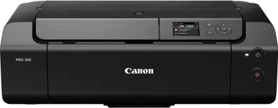 A black Canon PIXMA PRO-200 photo printer is shown from the front.