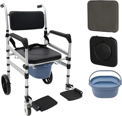 Produktbild von Faltbar Toilettenstuhl Duschstuhl mit Rollen & Urineimer, Höhenverstellbar Toilettenstühle Duschrollstuhl für Kranke, ältere, Behinderte und Schwangere, 150 kg Belastbar